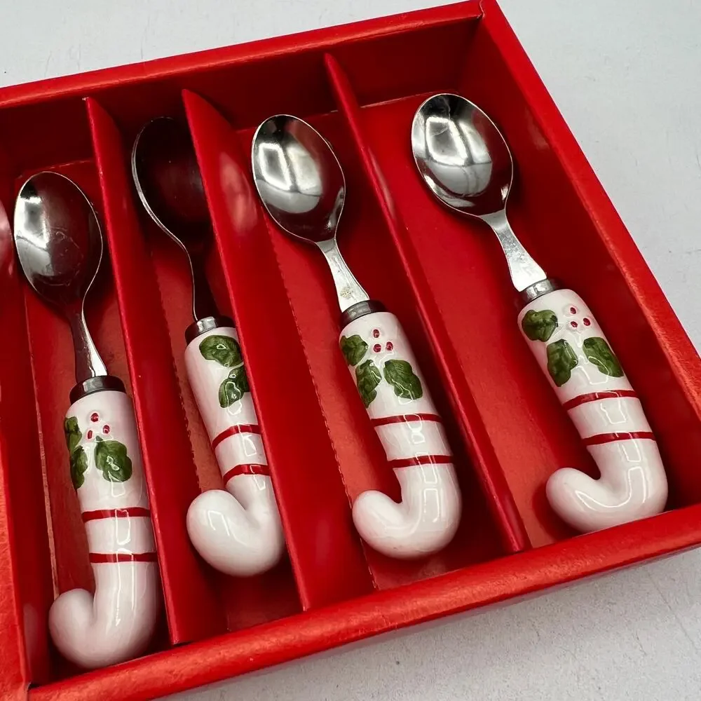 12 Vtg Ceramic Candy Cane Spreaders Appetizer Forks Spoons Condiments Stainless